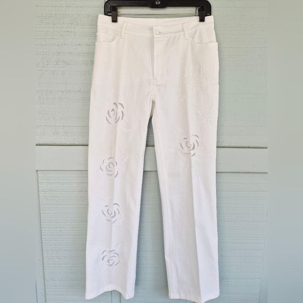 Womens White Cut Out Floral Embroidered Straight Leg Jeans Size 8 Coquette Fairy